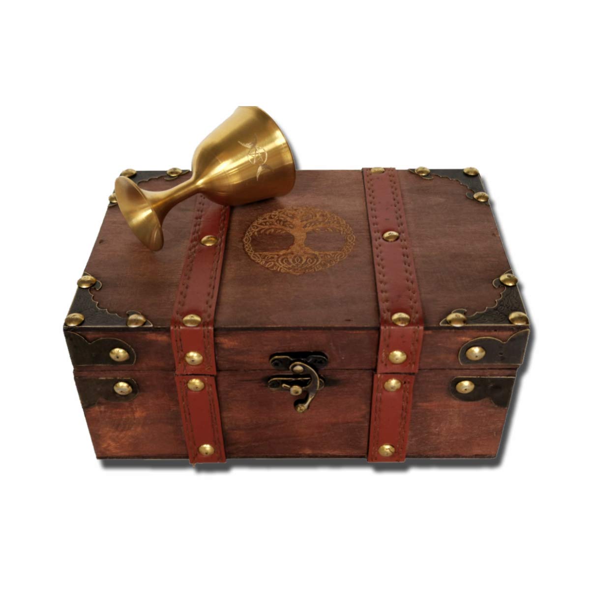 8.3" Wood and Leather Pentacle and Tree of Life Chest Box and Chalice Set, Yggdrasil Engraved Wooden Treasure Box with Velvet Lining, Vintage Wicca Box (Tree of Life)