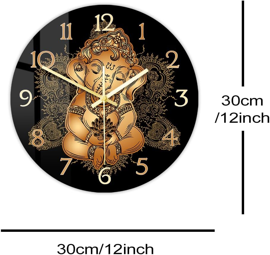 12'' Cute Toddler Lord Ganesha Silent Wall Clock, Hindu God Indian Festival of Ganesh Chaturthi Ganapati Decorative Wall Watch Clock Non Ticking Vintage Decorative Wall Clock for Living Room