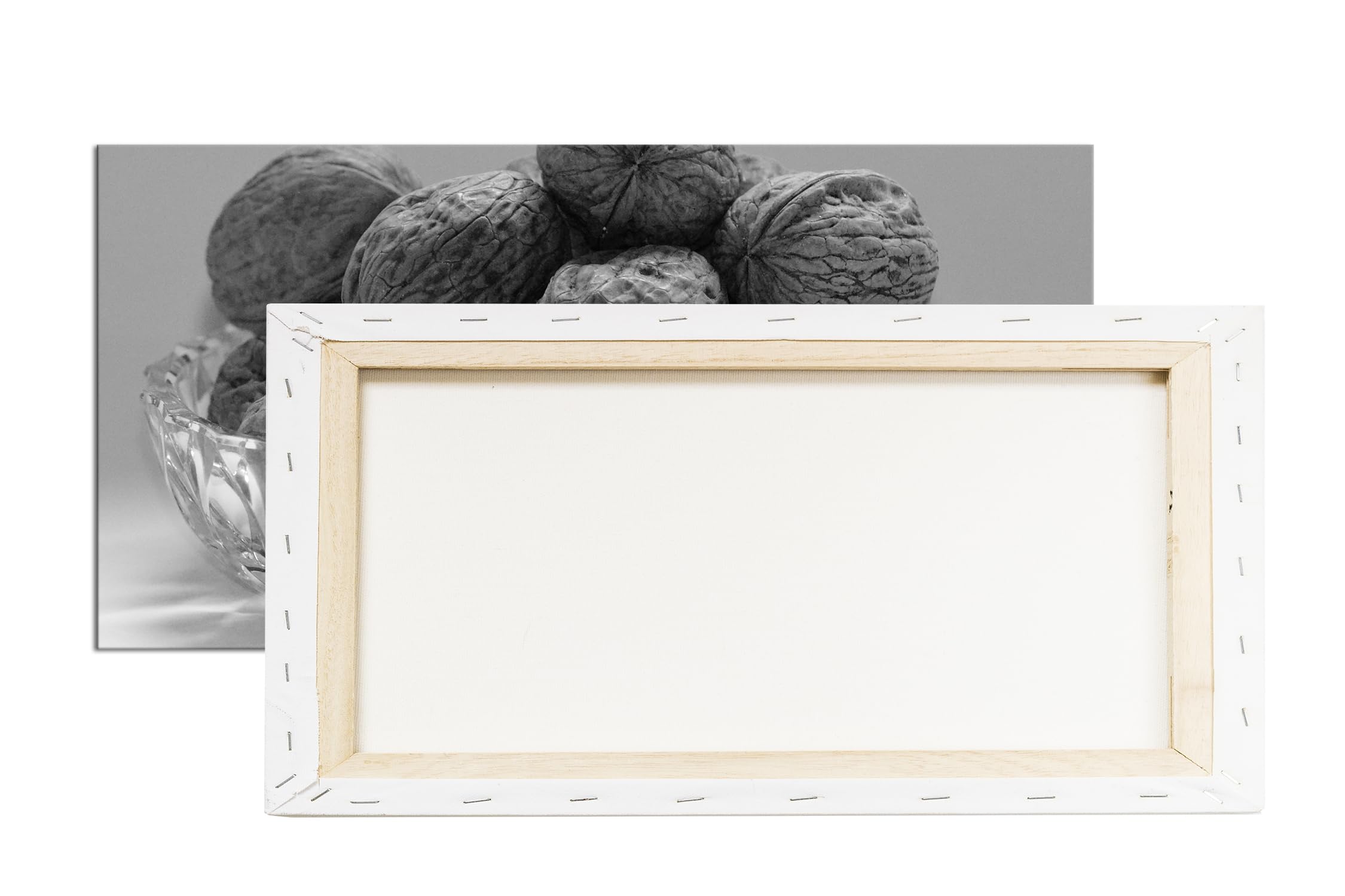 Chrupiące orzechy włoskie w skorupie panorama 100 x 50 cm efekt: czarny/biały jako obraz na płótnie, motyw oprawiony na ramie z prawdziwego drewna, wysokiej jakości druk cyfrowy z ramą
