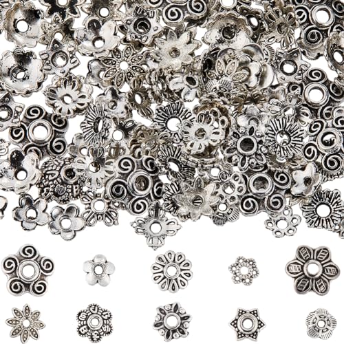 SUNNYCLUE 1 Box 300cs 10 Styles Flower Bead Caps 8mm Flat Spacer Beads Bulk Tibetan Silver Hollow Flowers Metal Vintage Floral Bead End Caps for DIY Bracelet Necklace Earring jewellery Making Supplies