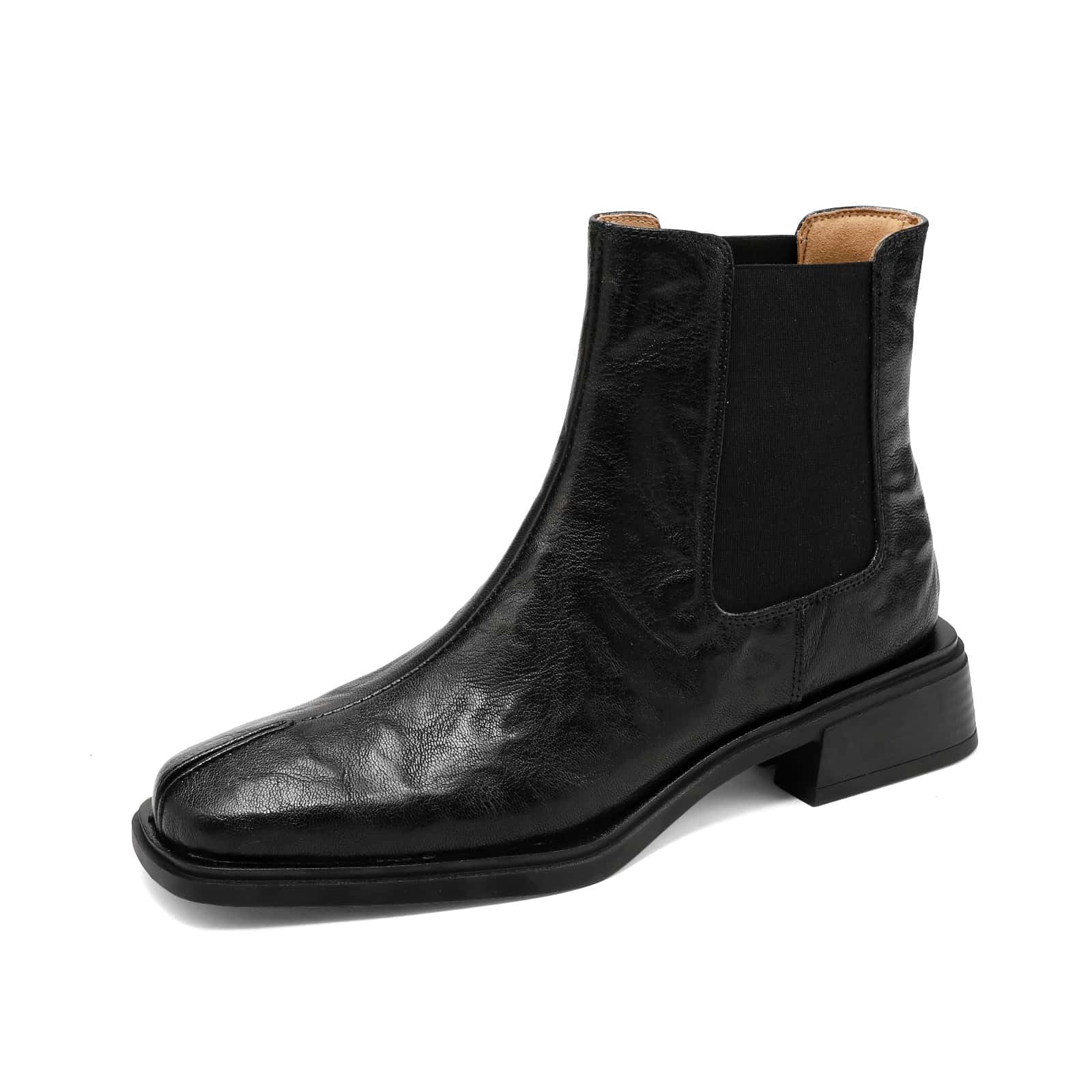 TinaCus Womens Chelsea Booties Handmade Genuine Leather Elastic Panel Square Toe Chunky Heel
