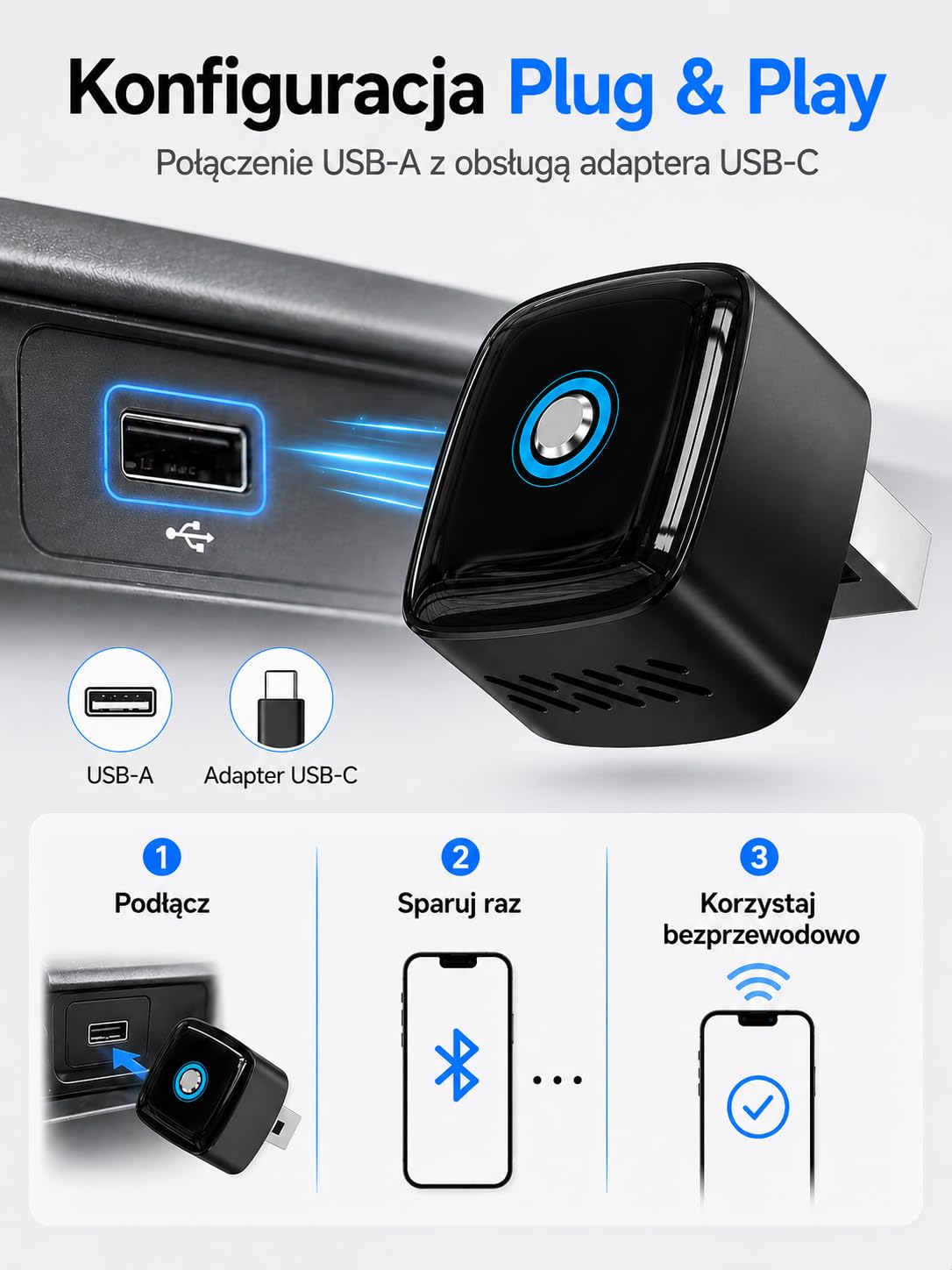 Bezprzewodowy Adapter CarPlay i Android Auto 2 w 1, pamięć dwóch telefonów, szybkie przełączanie, Plug & Play USB-A/USB-C, 5.8GHz WiFi, OTA, Czarny