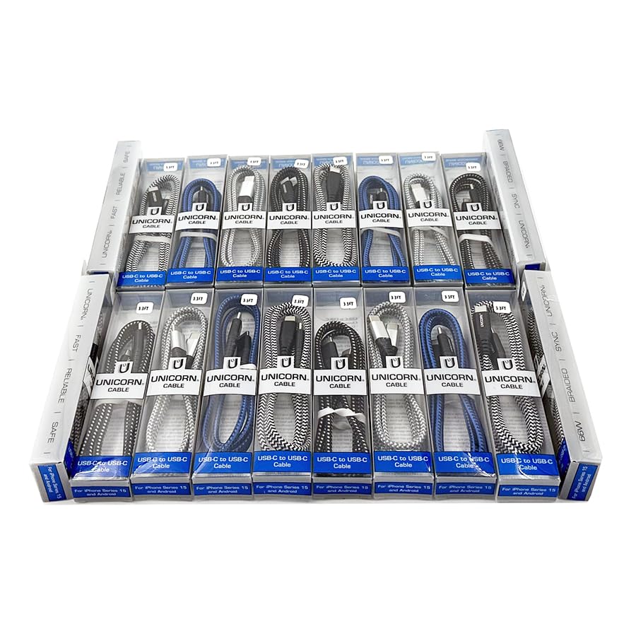 50 Packs Supreme USB-C to USB-C Charging Cable for iPhone Series 15 and Android Phones USB Type C Braided Data Cables 3.3 ft / 1m Bulk Wholesale Lot, Black, Grey, Silver, Blue