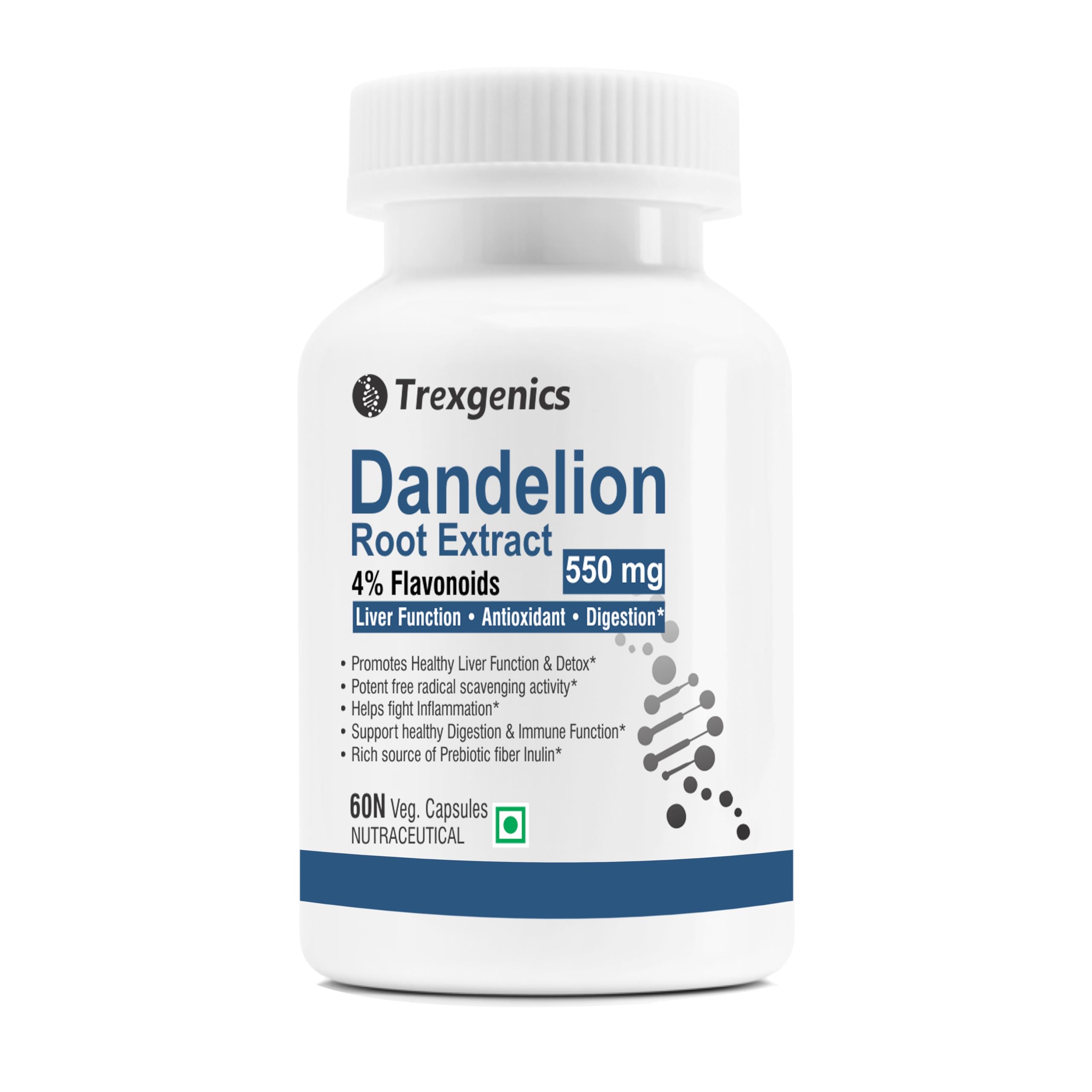 Trexgenics DANDELION (Bioactive 4% Flavonoids) 550mg EXTRACT Liver Function, Dextox, Antioxidant, Digestion (60 Veg Capsules)