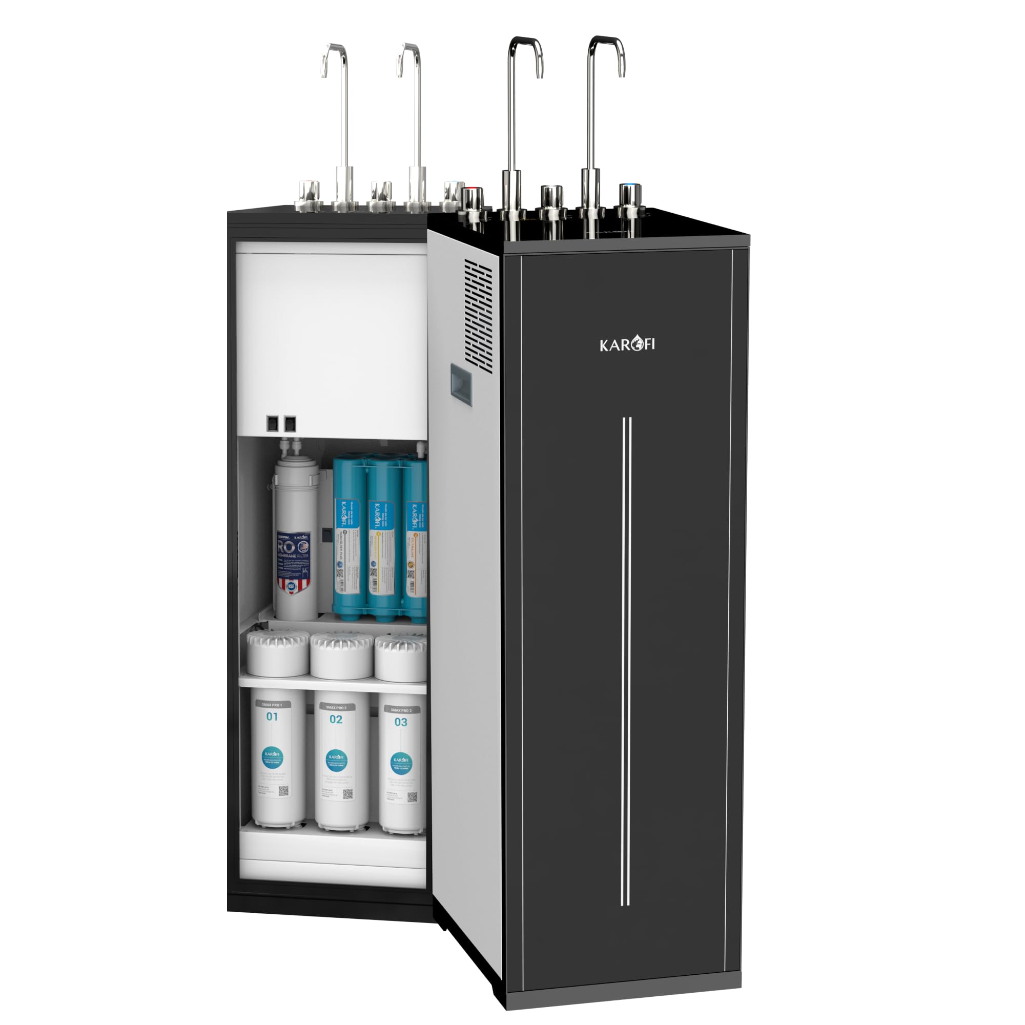 Karofi 2-in-1 Water Dispenser and Purifier 8L | 10 Stage Filter | Black Glass Finish | Save 85% Water Cost and 30% Less Energy | for Offices and Cafes | Hygienic Dispensing | 990cm | 3 Modes.