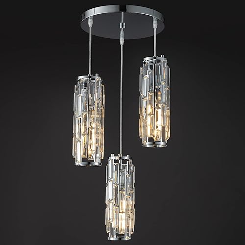 LMQNINE - 3 luces para iluminación colgante de cromo, lámpara colgante moderna, mini candelabros de cristal, lámpara colgante ajustable para cocina,
