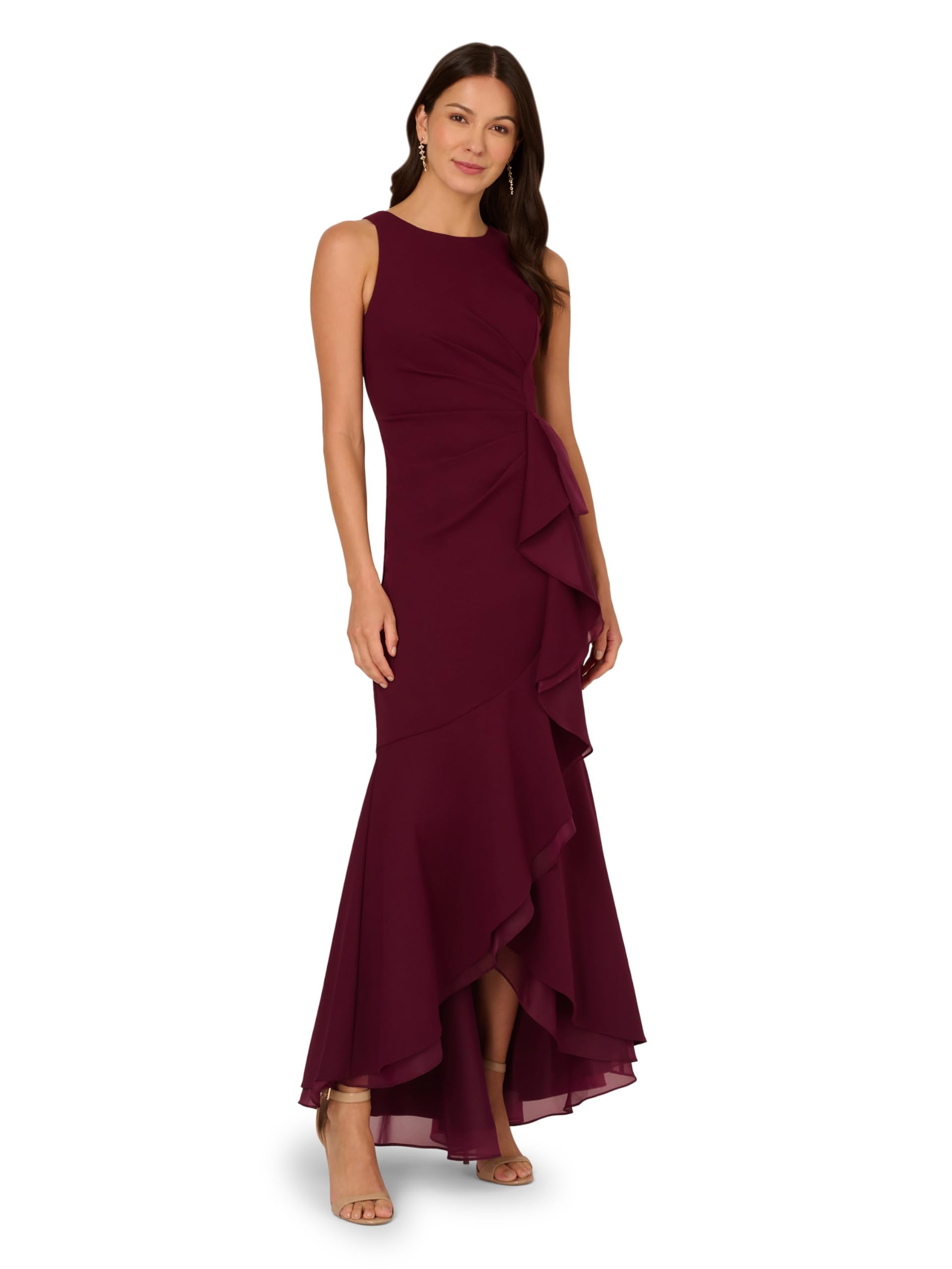 Adrianna Papell Women's Ruffle Crepe Halter Gown | Sleeveless Formal Evening Gown with High Low Ruffle Skirt, Cabernet, 10