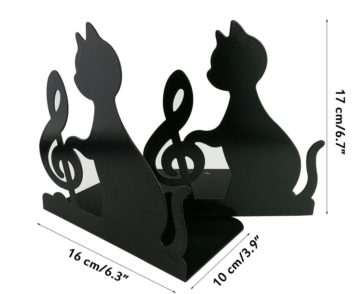 Fermalibri con grazioso e divertente gatto pigro che gioca e chiave di violino, in ferro, imbottito e antiscivolo, per libreria, scuola, ufficio, casa e studio Note musicali.