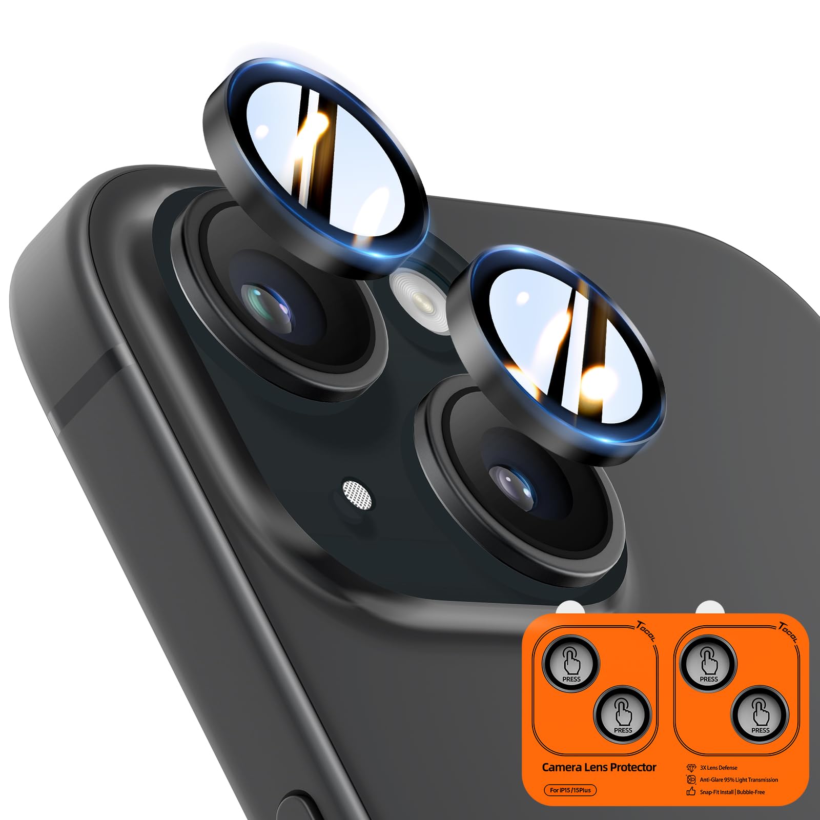 TOCOL Camera Lens Protector for iPhone 15 / iPhone 15 Plus Tempered Glass HD Individual Scratch Resistant Camera Cover Accessories Case Friendly 2 Pack（Black）