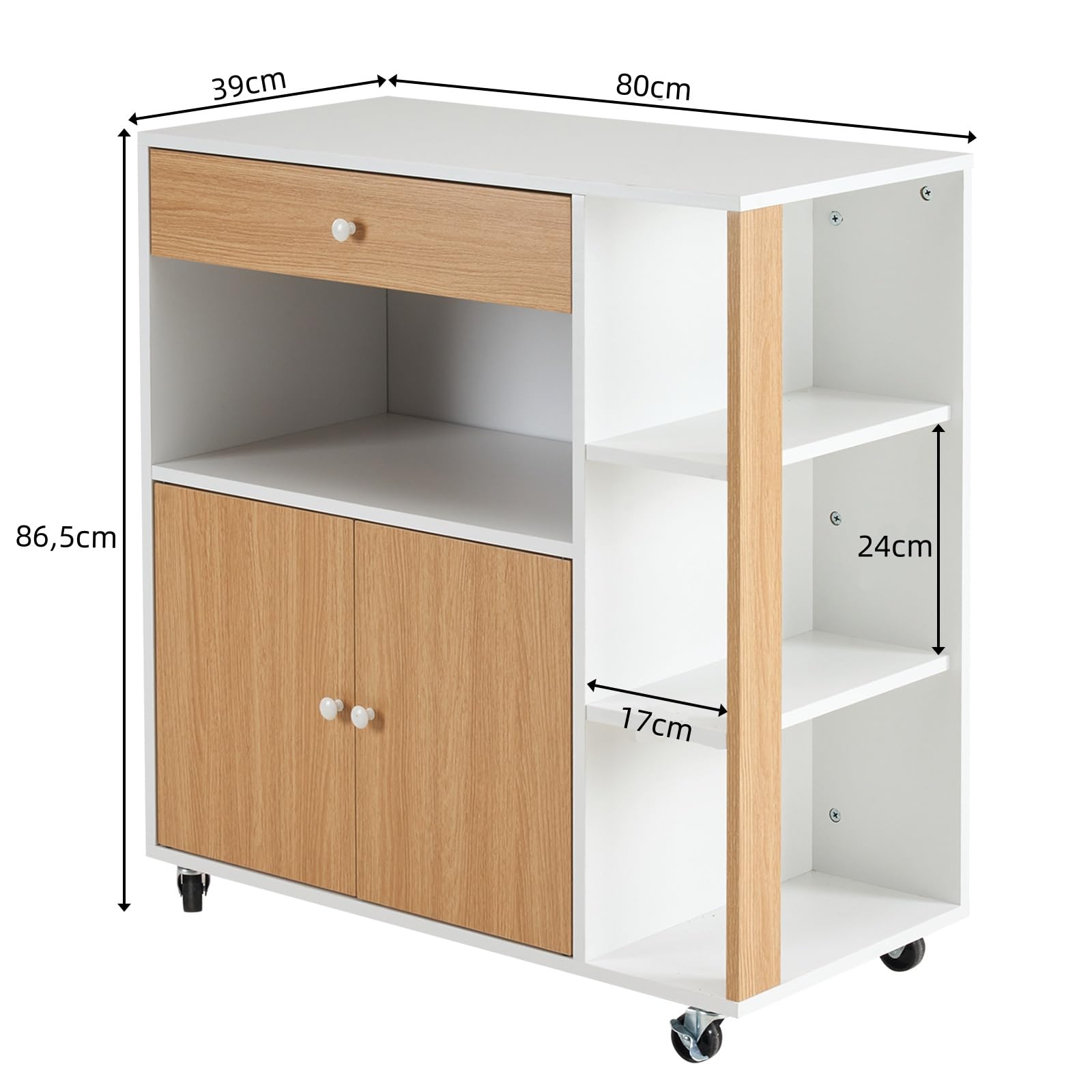 Bonnlo Küchenwagen mit Rollen, Kühceninsel, Servierwagen mit Schublade, Küchenschrank Arbeitsplatte aus Holz, Weiß & Holz,80x39x86.5cm