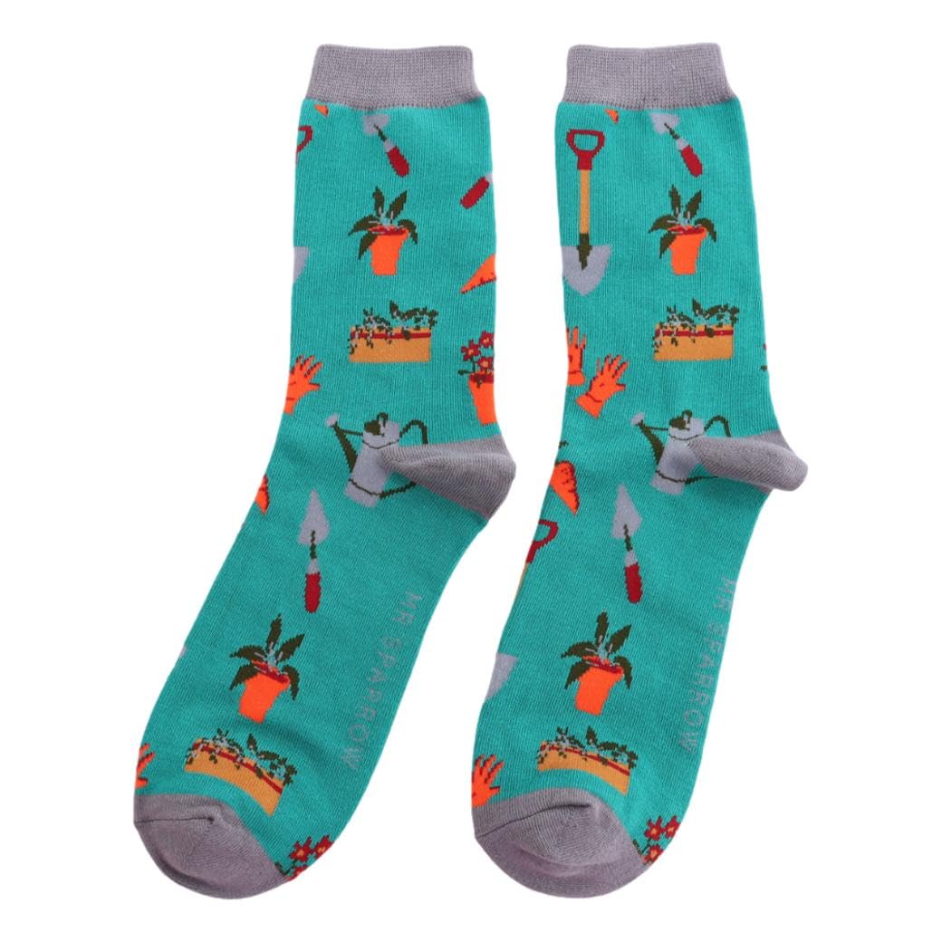 Mr Sparrow Gardener's Tools on Teal Mens Novelty Ankle Socks Adult One Size