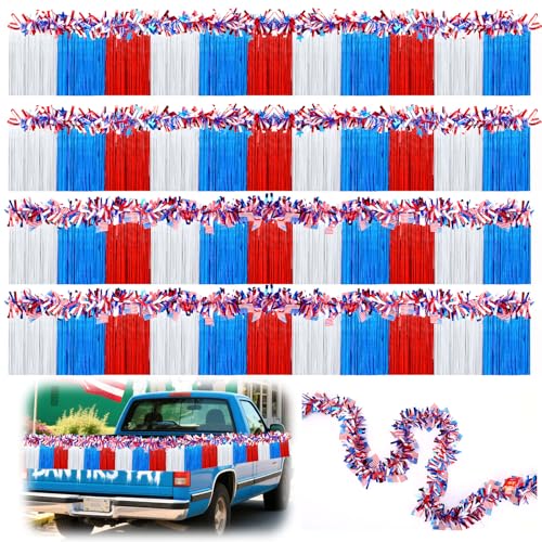 Image of MARFOREVER 105 FT 4th of July Parade Floats Decorations Set 4 Patriotic Foil Fringe Curtains and 4 American Tinsel Garland Red White and Blue Decorations for Independence Memorial Day Party Decor