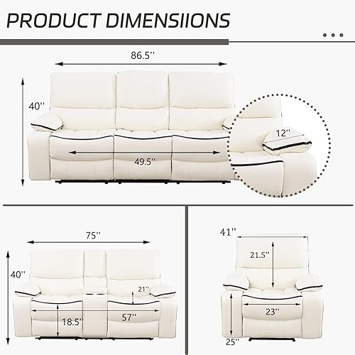 Miniatura 3 de Muebles de sala de estar reclinables manuales, sofá de cuero regenerado con consola desplegable, sofá biplaza con consola de almacenamiento, silla