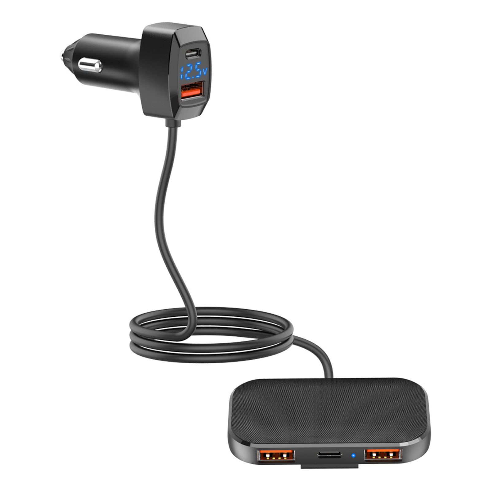 Adaptador de cargador de coche USB de 5 puertos múltiples para múltiples dispositivos, adaptador de coche con cable para carga de asiento trasero, adaptador de cargador de coche de 5 puertos