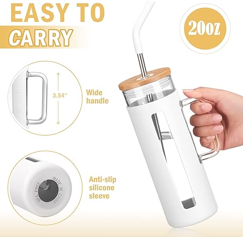 Miniatura 3 de Kodrine Vaso con tapa y pajilla, vaso de café de vidrio de 20 onzas con asa, taza de batido con tapa de bambú, marcador de tiempo, funda protectora