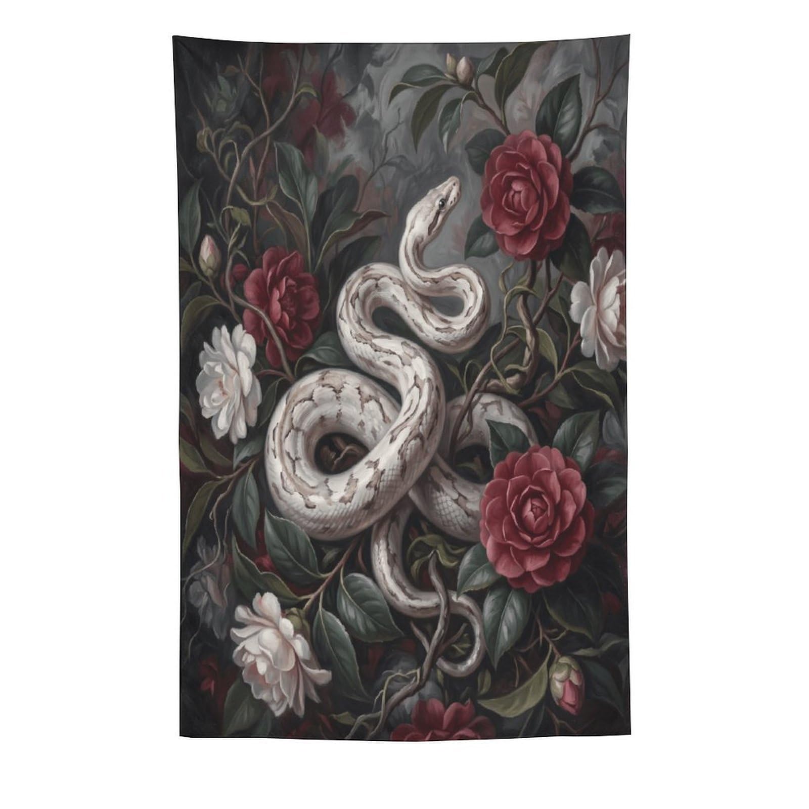 W7C8U2X3 White Snake Dark Roses Wall Tapestry, Realistic Illustration