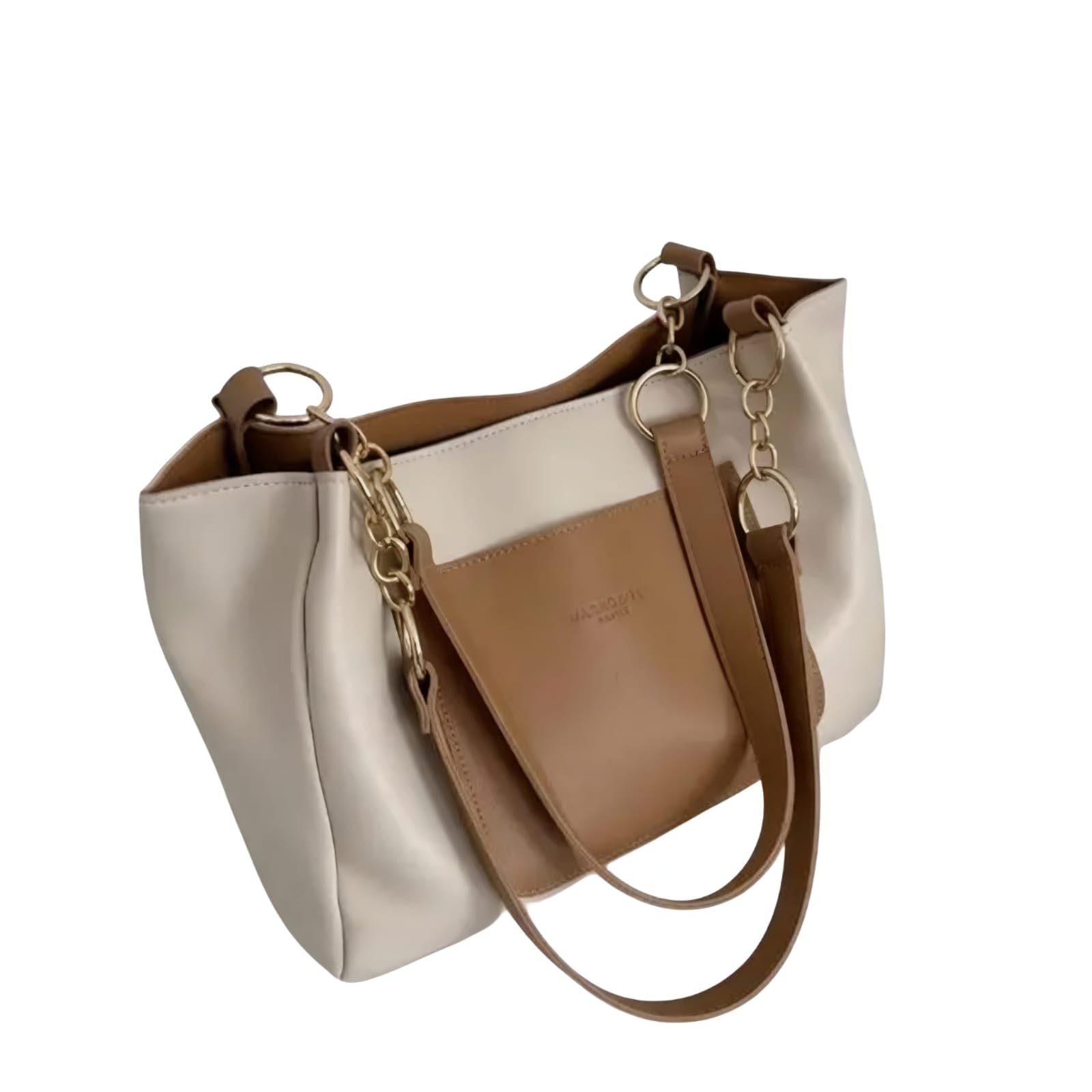 Two-Tone Tote Bag, Beige and Tan, Faux Leather, Gold Chain Detail, Shoulder Handbag-picture-21