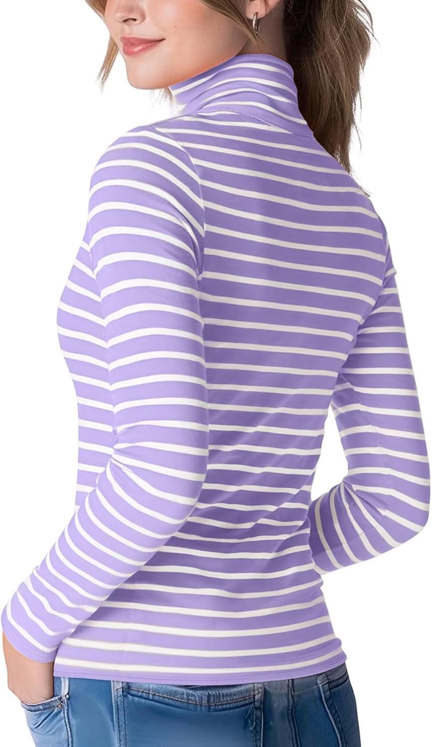 Zengjo Striped Turtleneck Women Long Sleeve Fitted High Neck Top Lightweight Soft Stretchy - Image 4