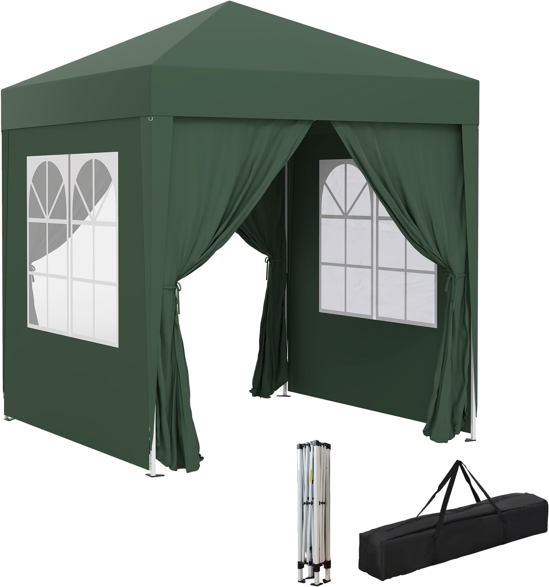 Outsunny 2 x 2 m Garden Pop Up Gazebo, Wedding Party Tent Marquee, Water Resistant Awning Canopy with Sidewalls, Windows, Carry Bag, Green