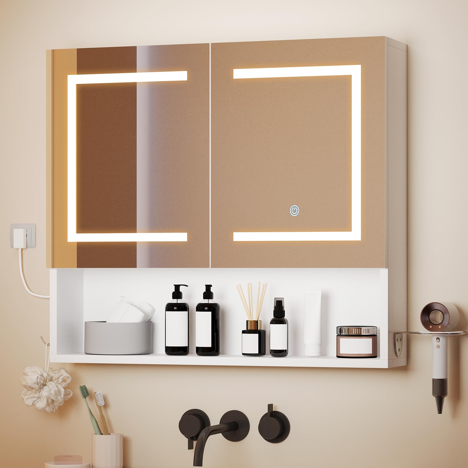 ELUCHANG Armadio da bagno con specchio e illuminazione a LED,Specchio Bagno Contenitore, ripiani regolabili,Porta Asciugacapelli e Asciugamani, Mobile Bagno con Specchio a Due Ante,60X14X60CM,Bianco