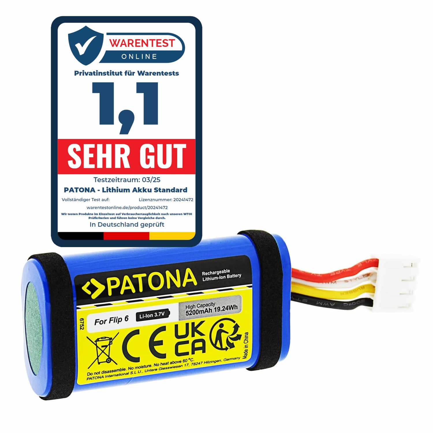 PATONA Akku Ersatz für JBL GSP-1S2P-F6D, JBLFLIP6BLUAM / JBLFLIP6REDAM, 5200mAh 3,7V Li-Ion, kompatibel mit JBL Flip 6 Soundbox, Bluetooth Lautsprecher, Boxen Speaker