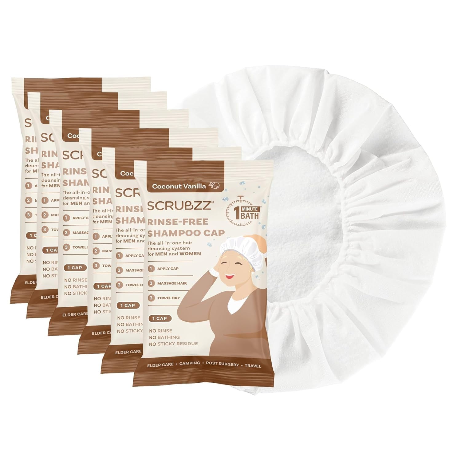 Scrubzz Shampoo Caps No Rinse for Elderly and Bedridden Patients, Rinse Free Shampoo Caps for Post Surgery and Hospital Stays, Waterless Hair Washing Shower Caps - Coconut Vanilla - 6 Pack