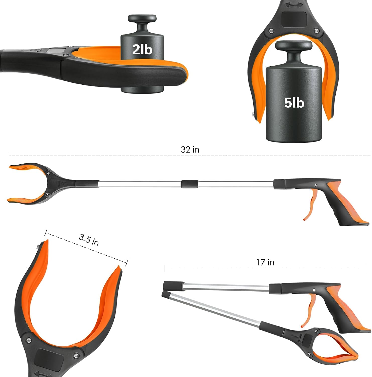 32" Grabber Reacher Tool, 1-Pack Foldable Reacher Grabber Pickup Tool with 360° Anti-Slip Rotating Jaw & Magnet, Mobility Aid Reaching Assist Tool for Trash Pick Up, Lightweight Grabber Tool, Orange image 2
