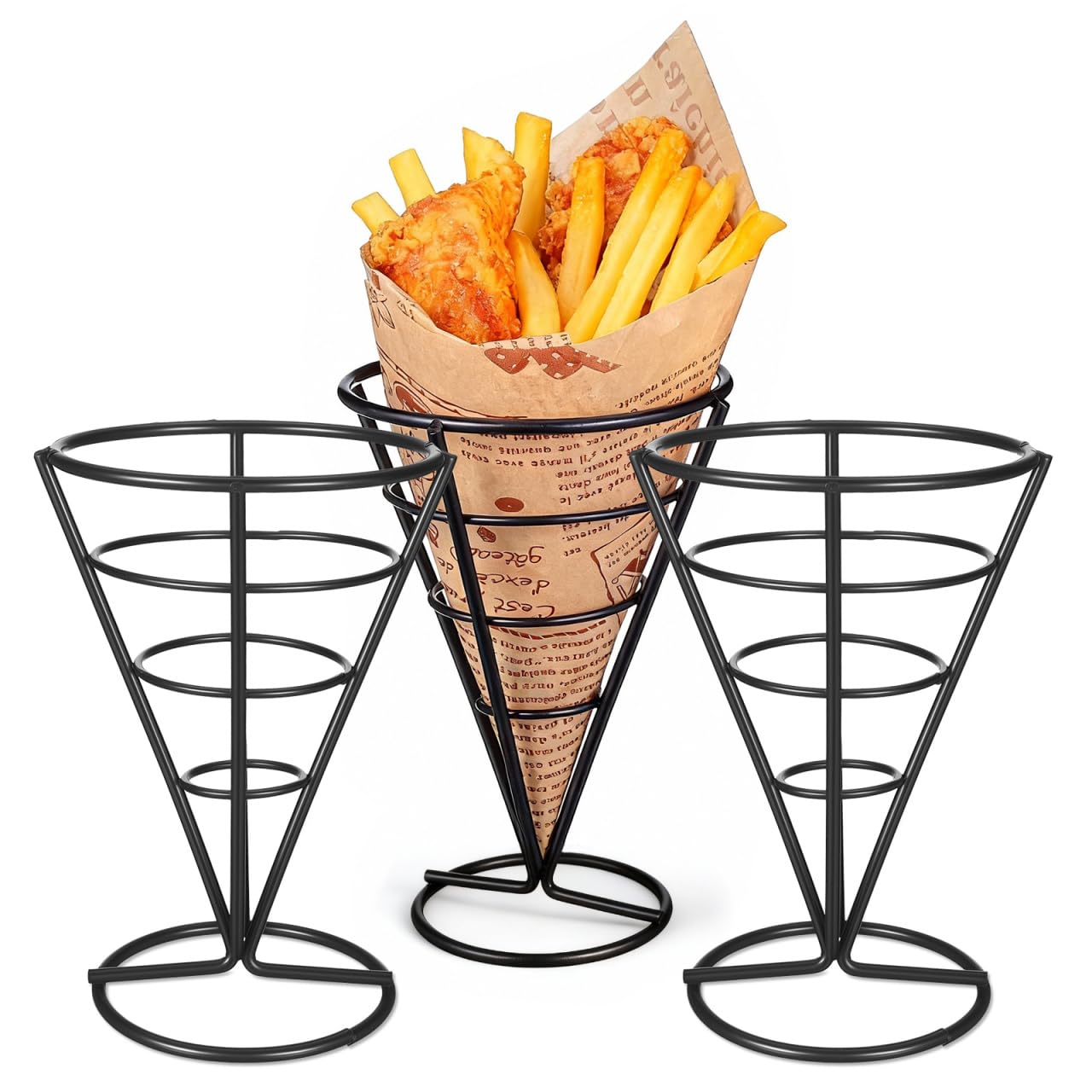 Soporte de acero inoxidable para patatas fritas cesta de cono negro para restaurante 3 piezas