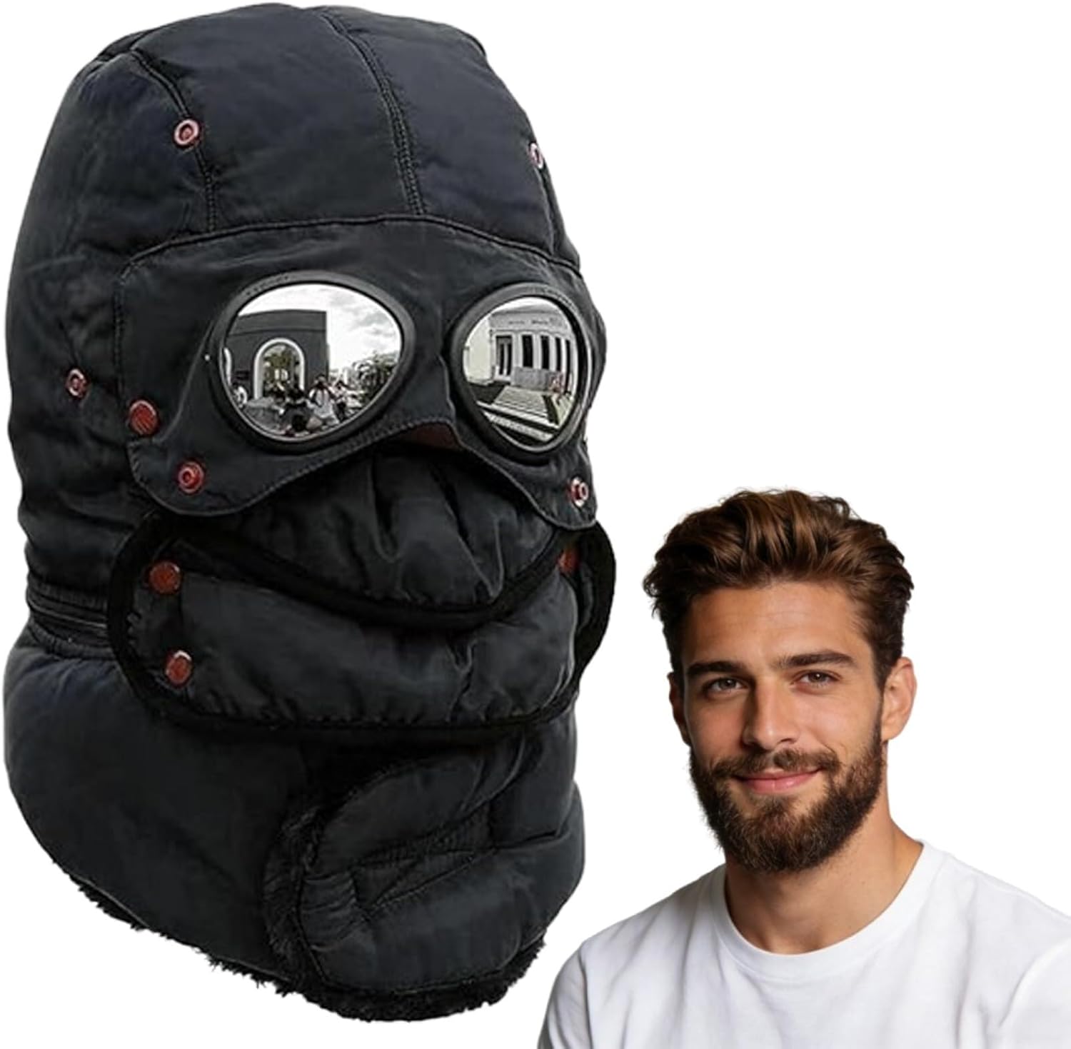 Winter Thermal Trapper Hat with Glasses Winter Cycling Windproof Ski Mask Cap(Black)