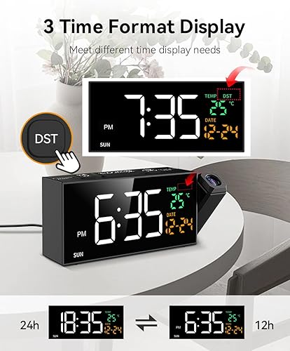 Miniatura 6 de Reloj de proyección Netzu para techo de dormitorio, relojes despertadores con proyector giratorio de 180, fecha, temperatura y día de la semana, DST