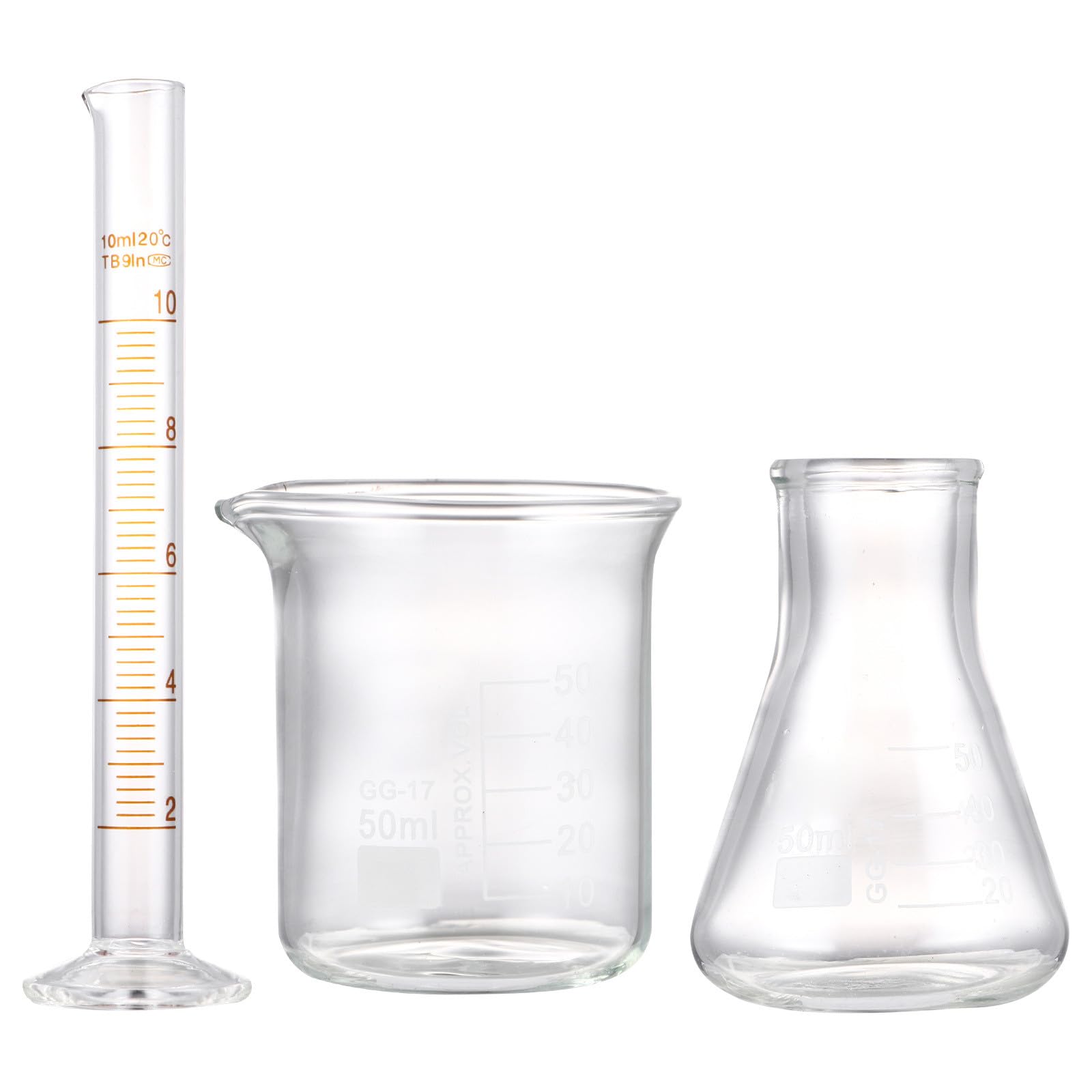 Cilindro medidor de vidrio, matraz y vaso con escala para laboratorio y cocina 8