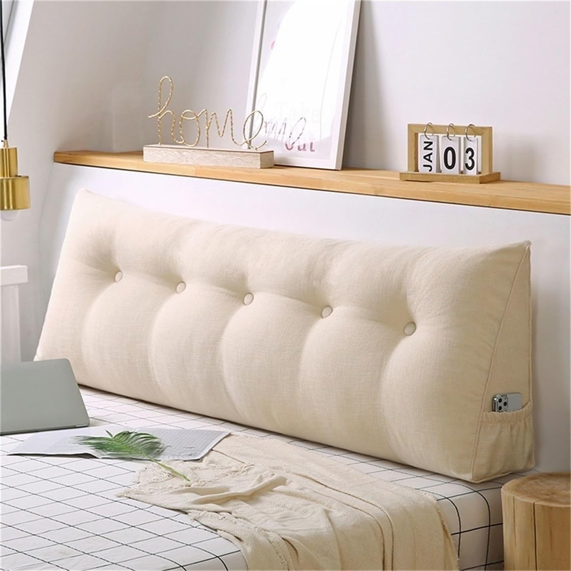 Lar Almohada triangular para cabecero de 180 cm, respaldo para lectura, mesa de apoyo, cabecero, almohada de posición, en bei/blanco, perfecta para relajarse y decorar