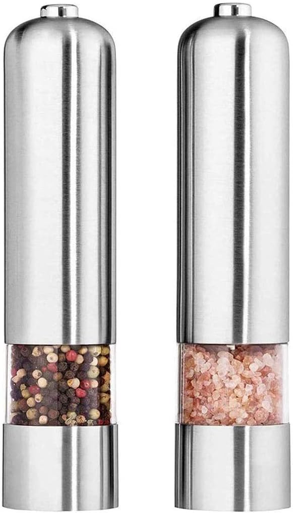 Pepper Grinder - Battery Operated Pepper or Salt Mill - Stainless Steel - Easy Grip - Easy to Use - Sleek Modern Design, Set of 2(