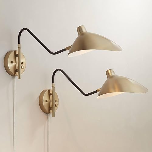 360 Lighting Colborne - Juego de 2 lámparas de pared modernas de mediados de siglo con brazo oscilante de latón antiguo, color dorado y negro,