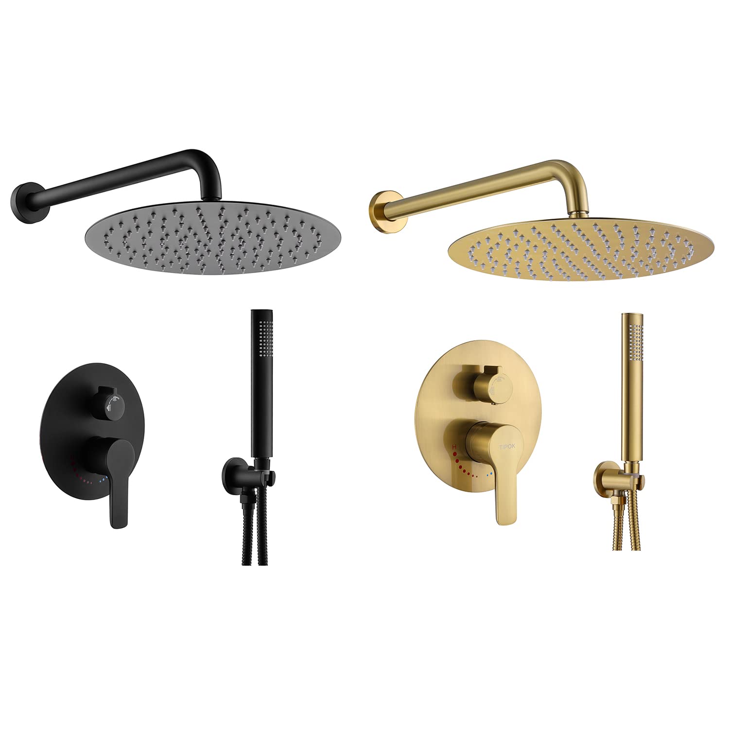 Brushed Gold Round Shower Head with Handheld ShowerHead And Matte Black Shower System For Bathroom, All Metal Brushed Gold Shower Set