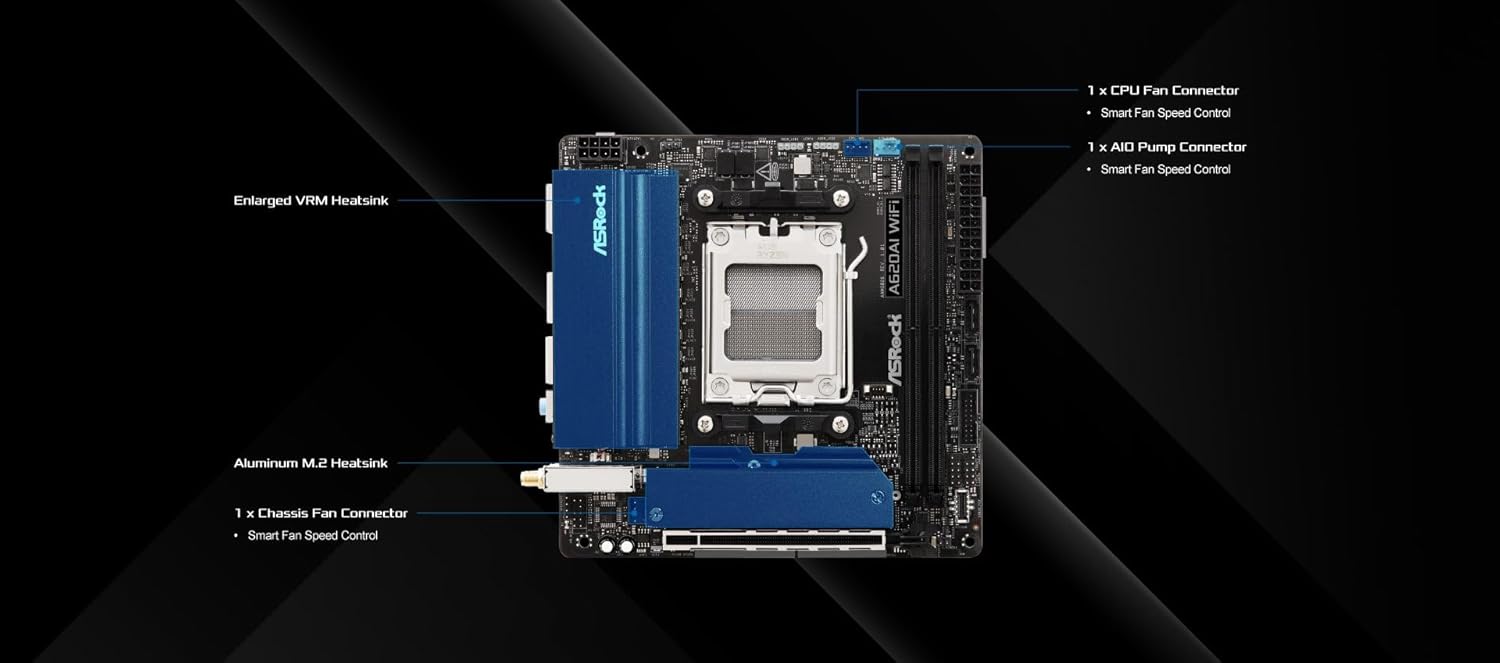 ASRock A620AI WiFi AMD AM5 Mini-ITX Motherboard, Supports AMD Ryzen 9000/8000/7000 Series Processors, DDR5 8200+ (OC), PCIe 4.0, Dual LAN, WiFi 6E, 8+2+1 Power Phase