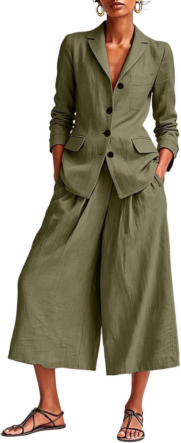 Linen Blazer and Pants Matching Set for Women Dressy Casual Work Jackets with Wide Leg Capris 2 Piece Business Outfits