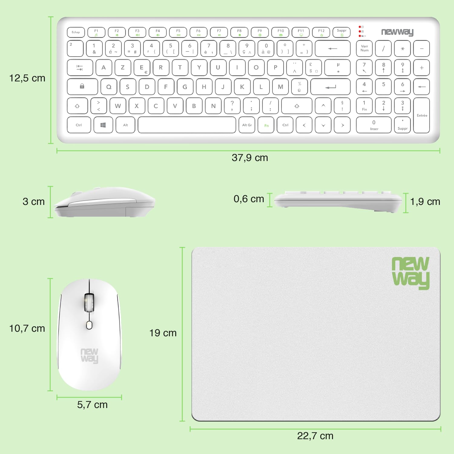 NEWWAY – Pack RF01 Tastiera Mouse Wireless con Tappetino – Tastiera AZERTY 97 Tasti 13 Scorciatoie – Mouse WiFi 2.4 GHz 4 Tasti – Ricevitore USB – Bianco