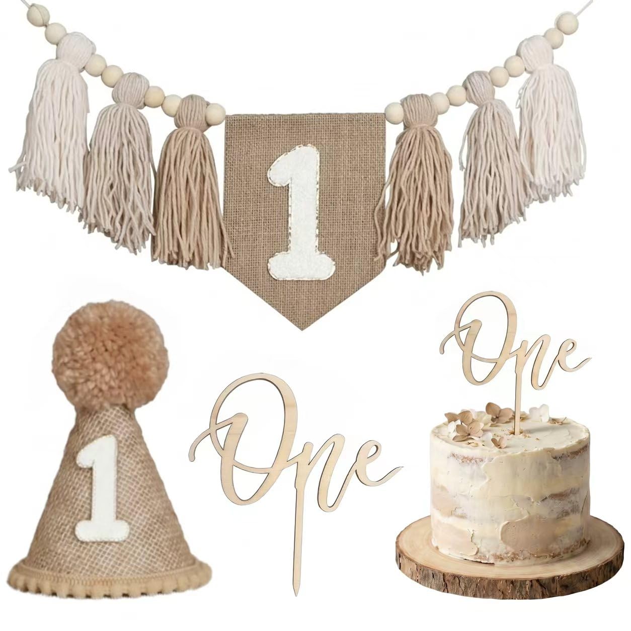 Dorclife 3 Pcs 1st Birthday Crown Hat Set Birthday Crown Flag with Hat and 1 Cake Topper for 1 Year Old Pink Theme Active Atmosphere Party Photo Props Decor First Birthdays Party Decoration (Khaki)