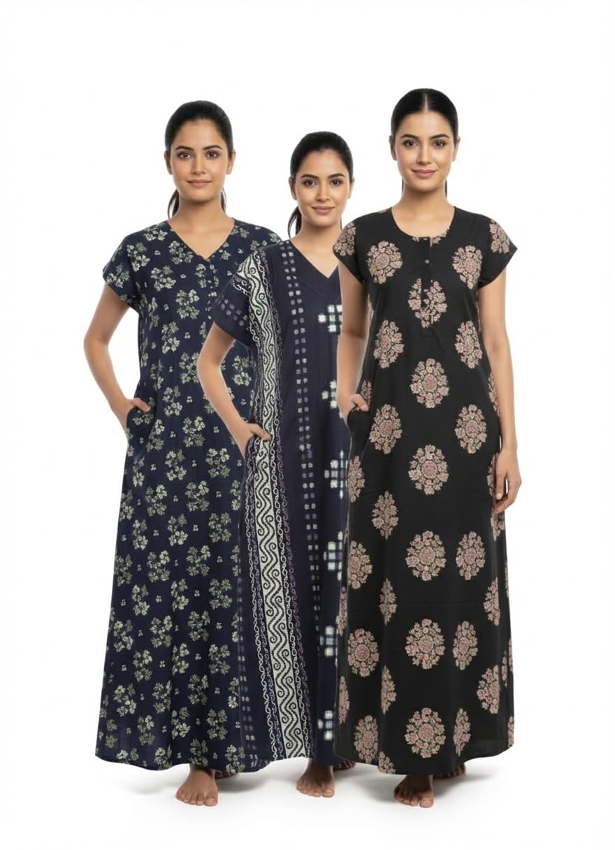 Pure Cotton Nighty Gown for Women | Free Size Nightwear with Pocket | Soft Breathable Printed Night Dress-image-6