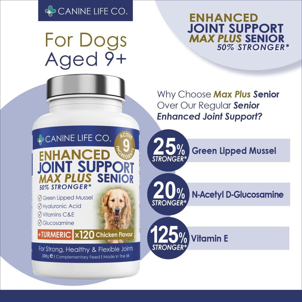 Senior MAX High Strength Dog Joint Supplements With Turmeric Glucosamine & Green Lipped Mussel For Older Stiffer Dogs Age 9+ 120 Chewable Tablets Made In UK - Image 3