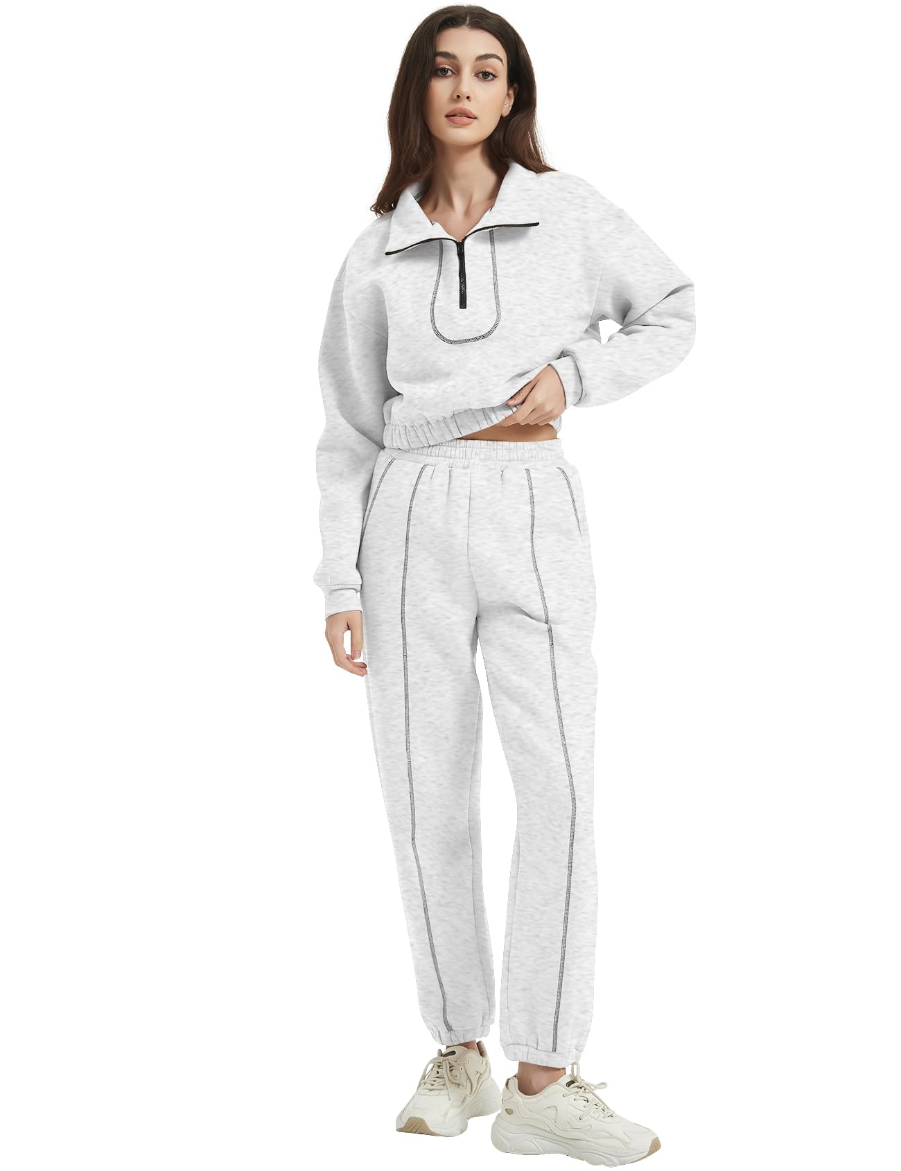 Half Zip Collar Sweatshirt Piping Pant Set - Peach