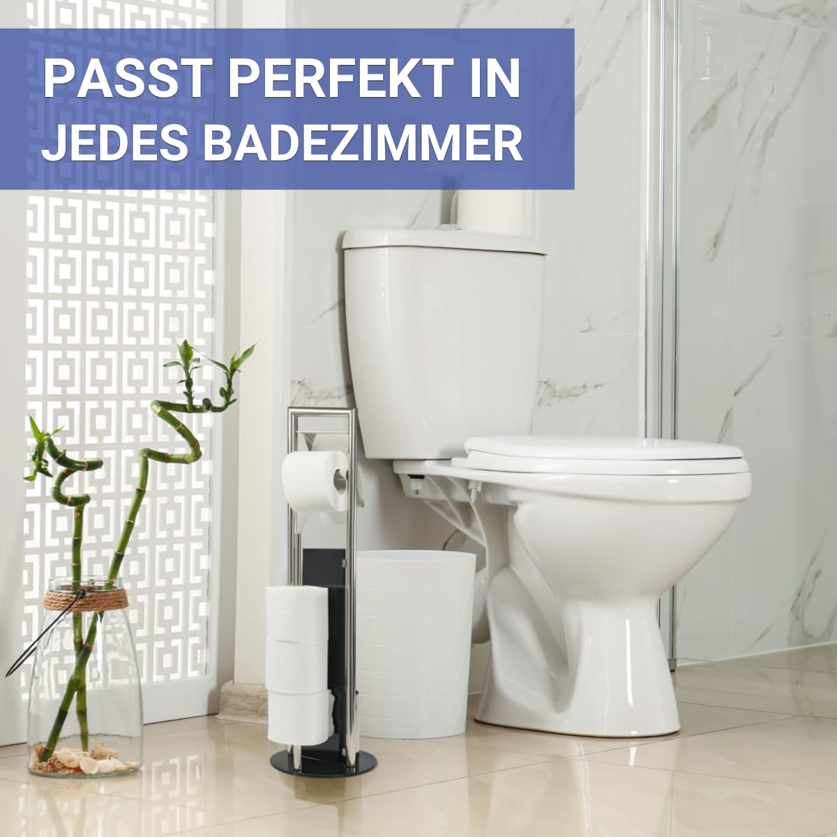 WENKO Stand WC-Garnitur Mod. Ravina Edelstahl 3in1 mit Toilettenpapierhalter und Bürstenhalter inkl Bürste Ø 20 x 70 cm Farbe Silber glänzend und Schwarz