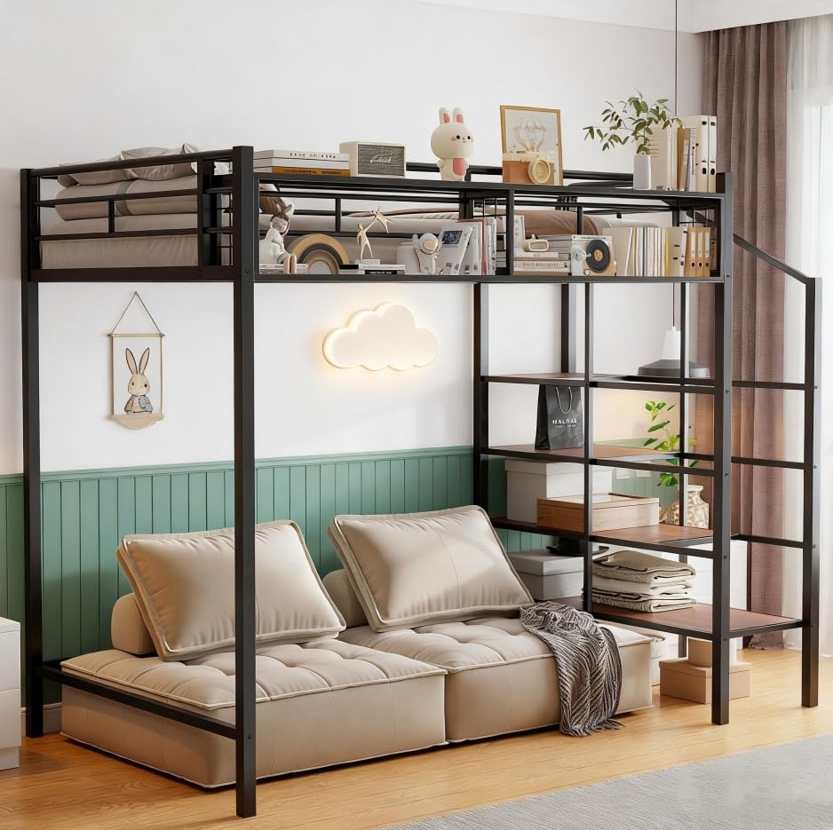 Image of Bellemave Twin Size loft Bed with Storage Stairs and Upper Grid Storage Shelf, Metal Twin Loft Bed Frame for Adults, Kids, Teens, Black