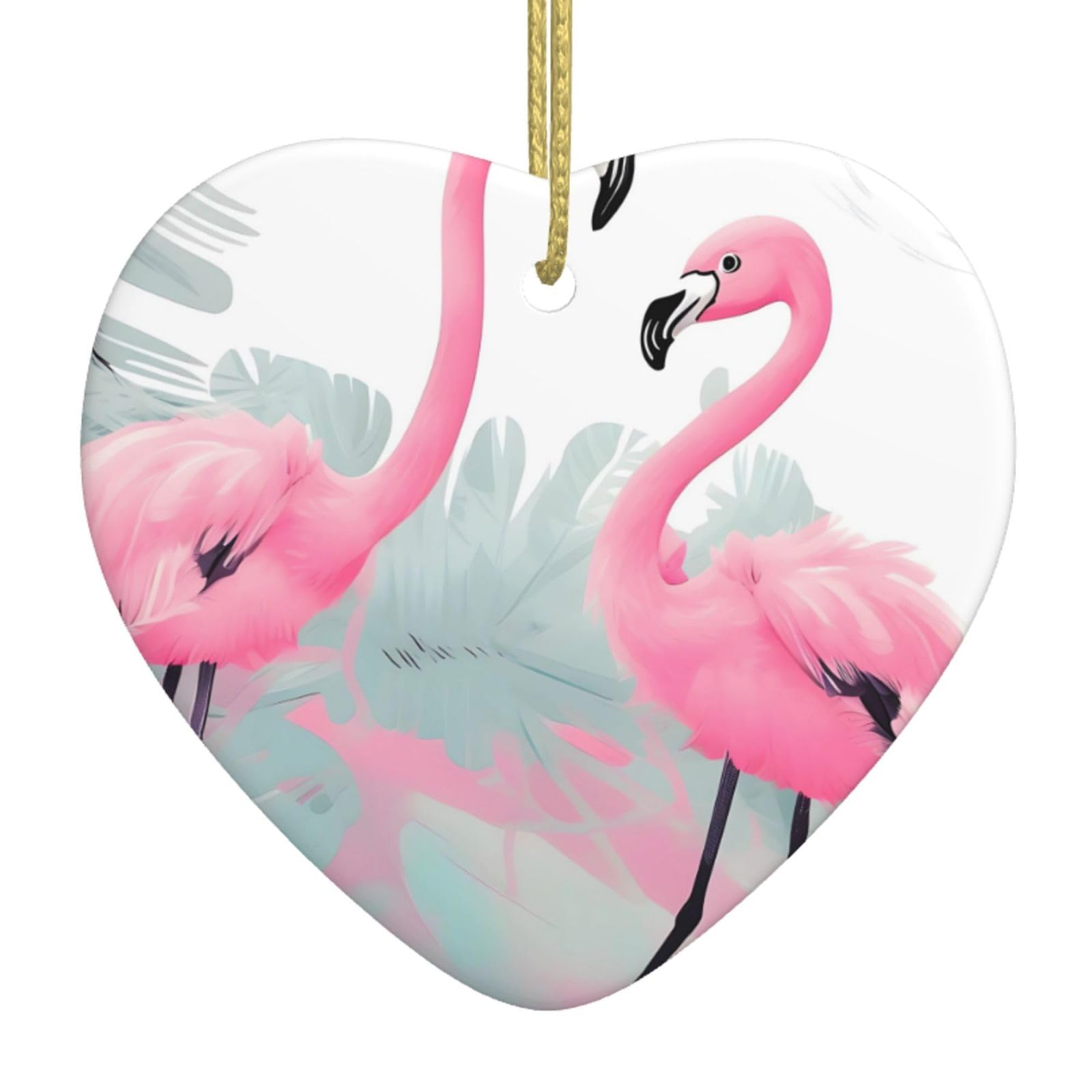 Pink Flamingo Ceramic Christmas Heart Pendant with Silk Thread, Christmas Tree Home Decoration