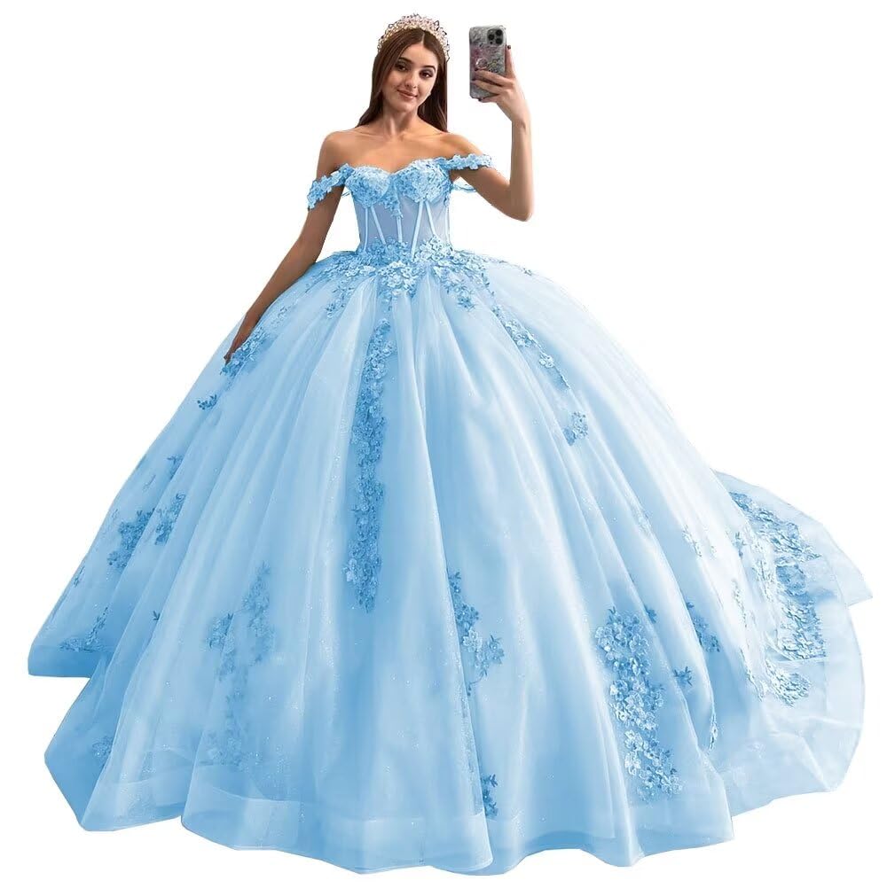 Mouccy Sparkly Lace Pearly Quinceanera Dresses Puffy Beaded Sweet 16 Ball Gown Tulle 3D Floral Off Shoulder Prom Gown XXF047