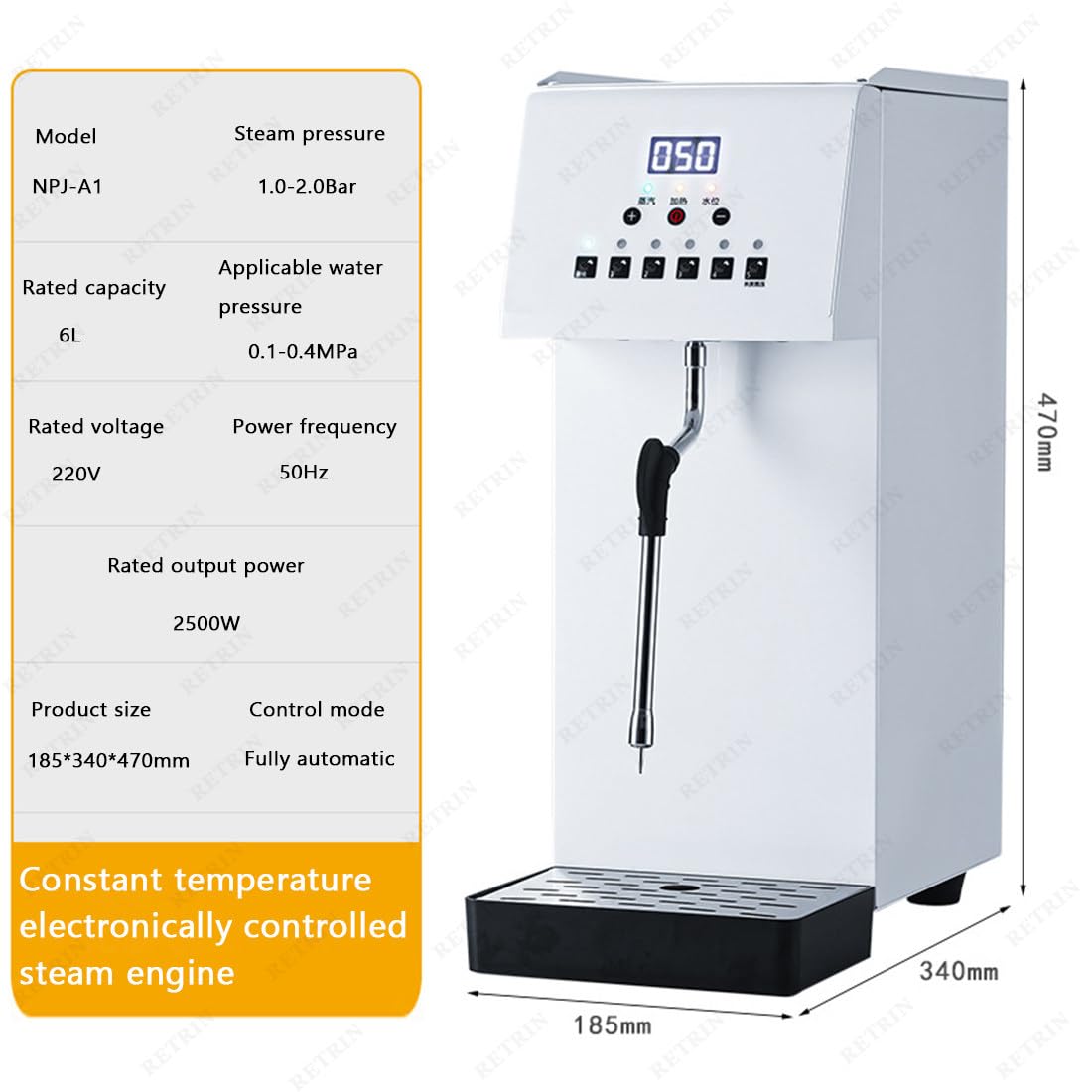 Elektryczny spieniacz do mleka 2500 W, ze zbiornikiem 6 l, stal nierdzewna 304, 5 ustawień temperatury, wyświetlacz LED do latte/cappuccino, ochrona przed przegrzaniem