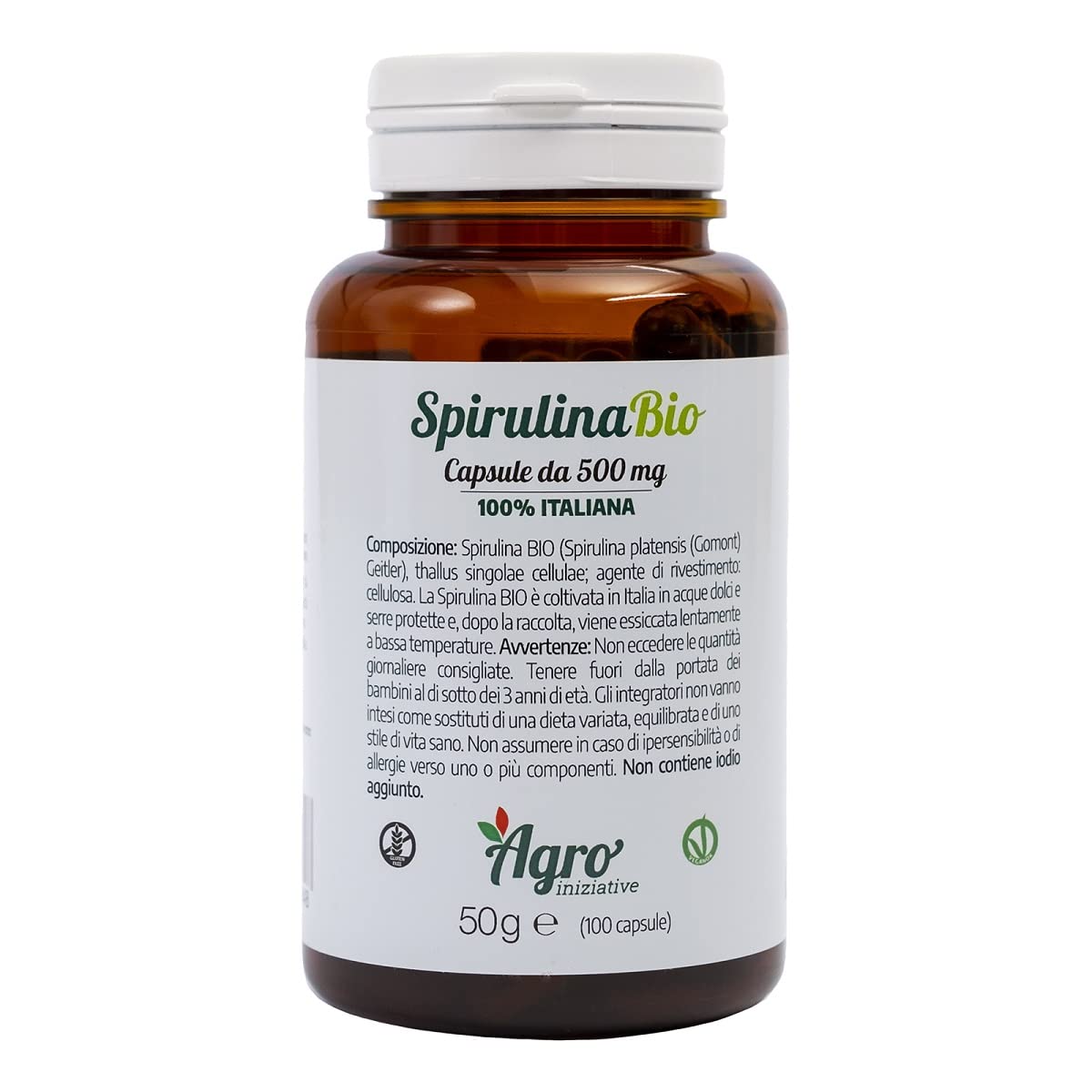 Integratore alimentare con spirulina biologica, coltivata in Italia. Confezione da 100 capsule.