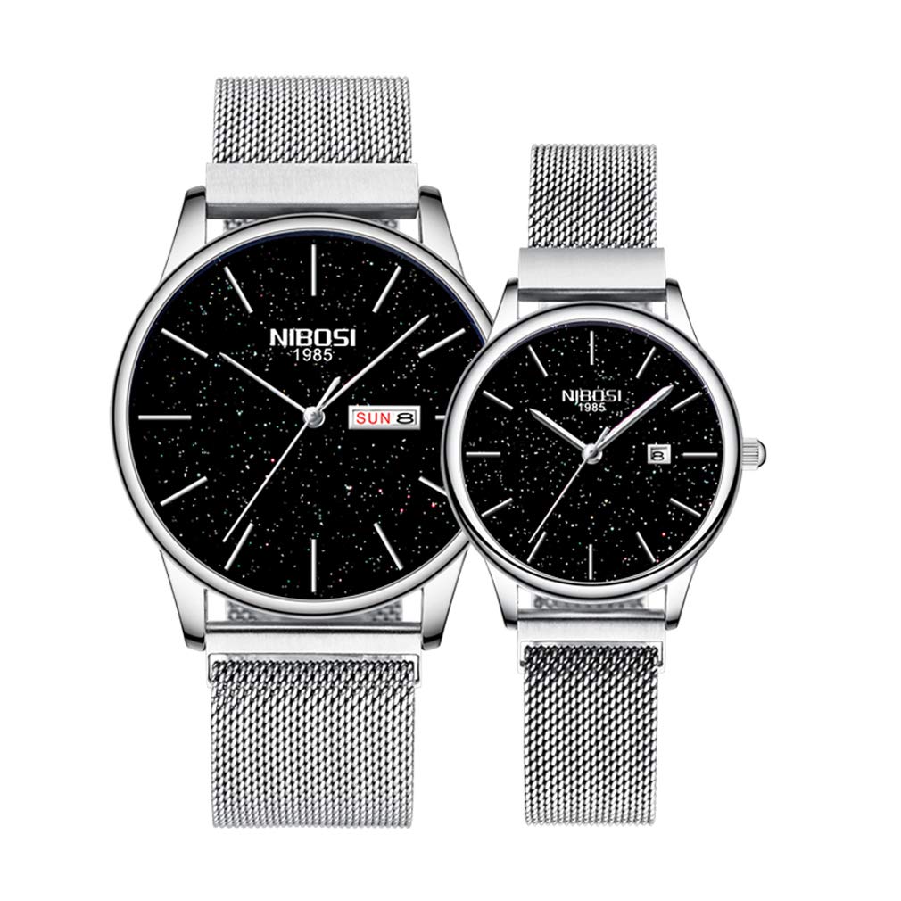 LEYAN NIBOSI Couple Watch Business Quartz Analog Waterproof Deluxe Stainless Steel Mesh Ultra Thin Star Couple Watch
