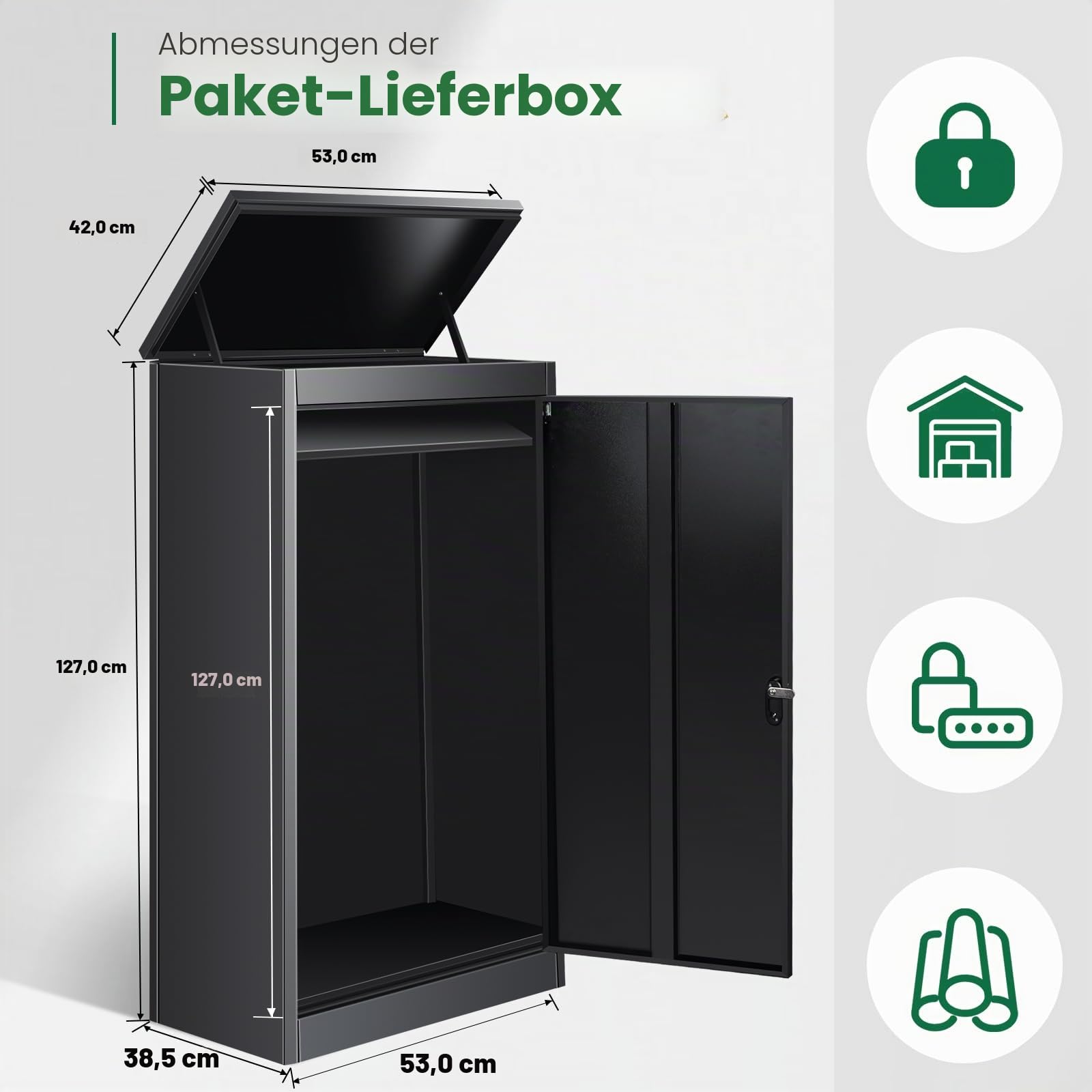 Briefkasten Paketbox für Außen, Paketkasten mit Zahlenschloss, Pulverbeschichteter Stahl Edelstahl Briefkasten, Paketbriefkasten mit wasserdichter & diebstahlsicherer Funktion(53 * 42 * 130cm)
